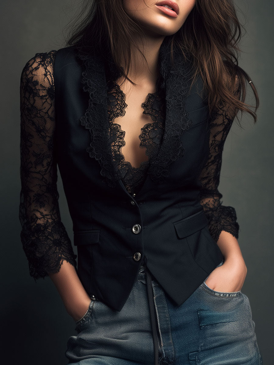 Vittoria | Blazer Negro con Mangas Semitransparentes