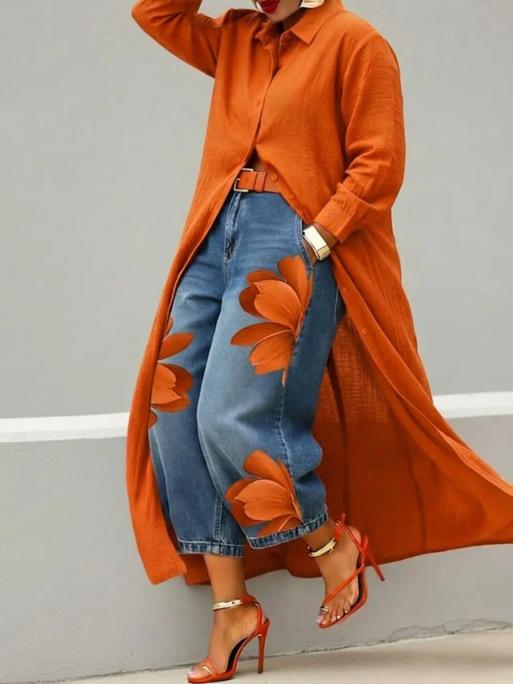 Esley | Conjunto de camisa larga con vaqueros estampados