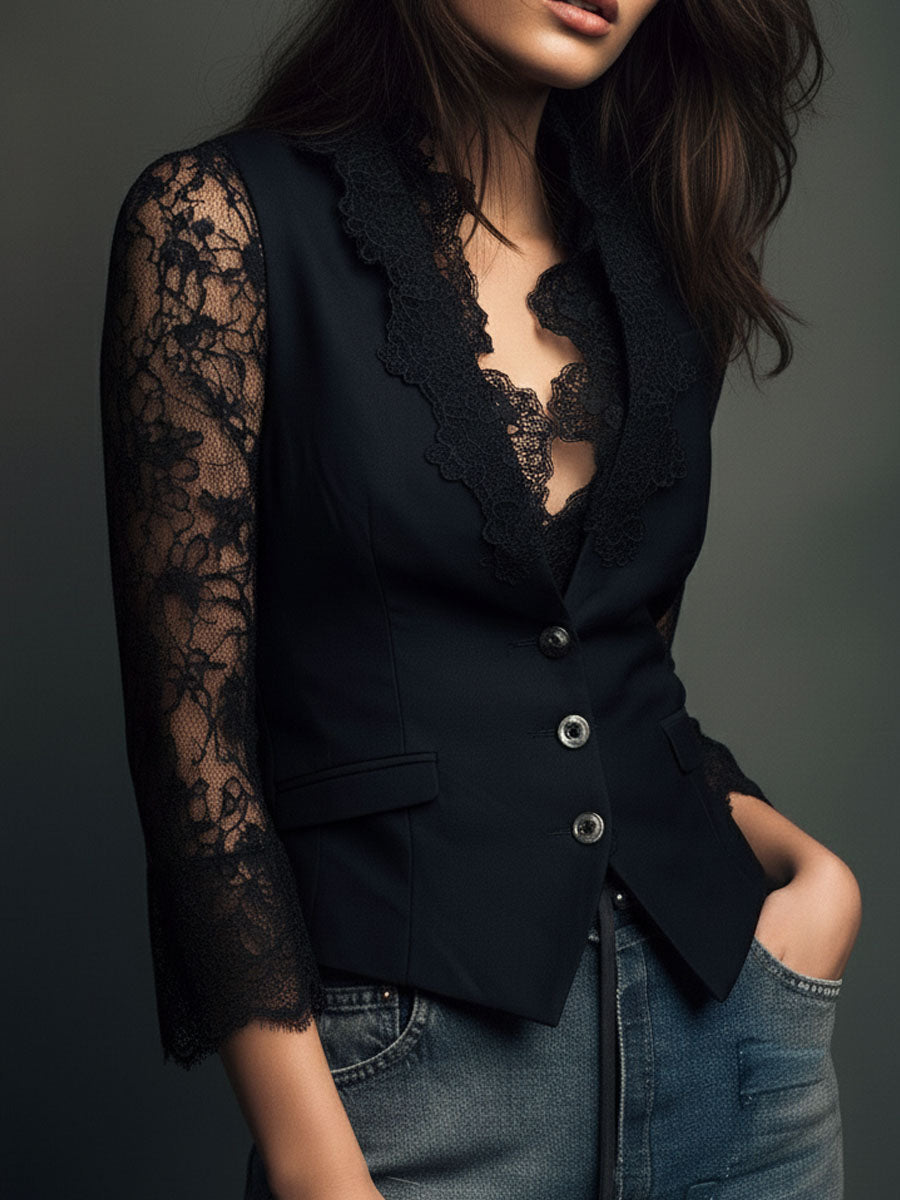 Vittoria | Blazer Negro con Mangas Semitransparentes