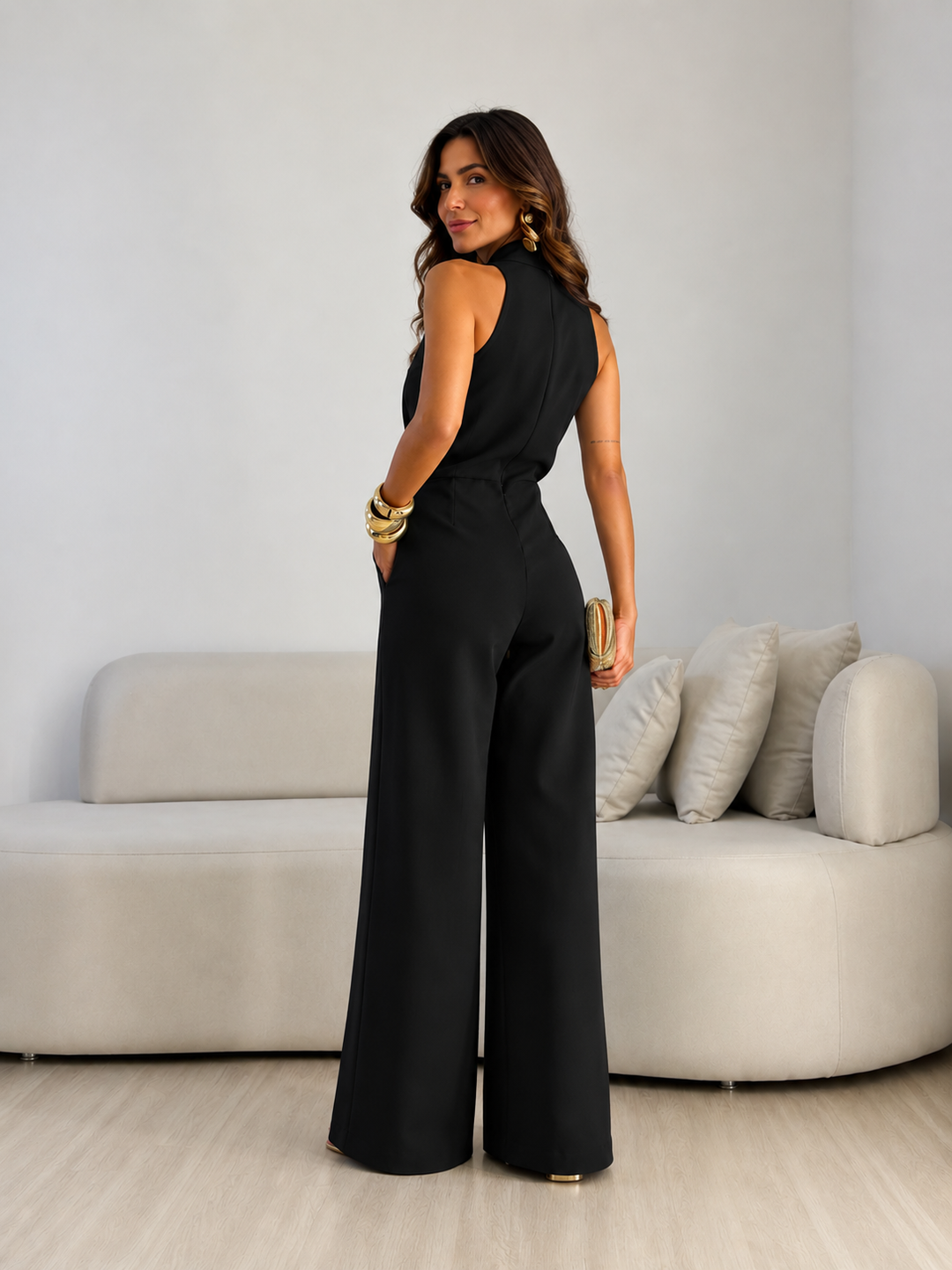 Valentina | Mono Halter con Lazo Frontal y Corte Palazzo de Pierna Ancha
