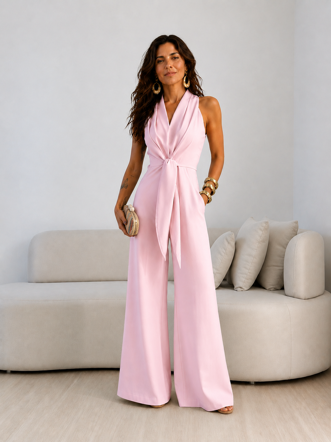 Valentina | Mono Halter con Lazo Frontal y Corte Palazzo de Pierna Ancha